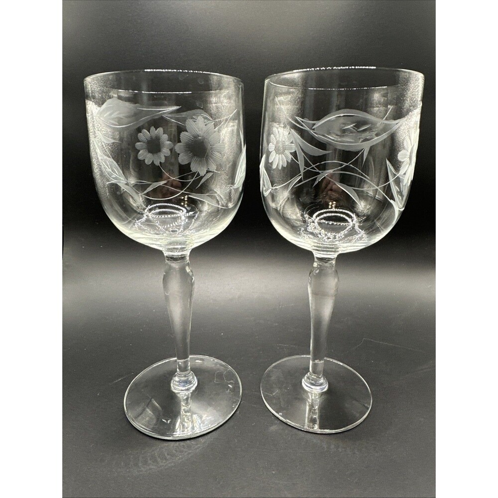 2 Vintage Glastonbury Lotus Crystal Floral Etched Wine Glasses